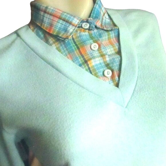 Medium Vintage 1980s Womens V-neck Sweater Andrew St John Button Top Plaid Med - Picture 2 of 6